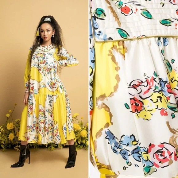 TORY BURCH Silk Quilted Yoke Yellow Floral Silk Midi Dress Size 4 - Picture 16 of 16